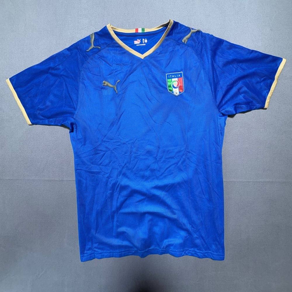Puma Italia FIGC Soccer Jersey Blue Gold V-Neck Mens Medium Short Sleeve TPYKE